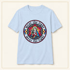Madonna T-Shirt — Stained Glass Emblem — compact lay-flat, original print scale and placement — Light Blue