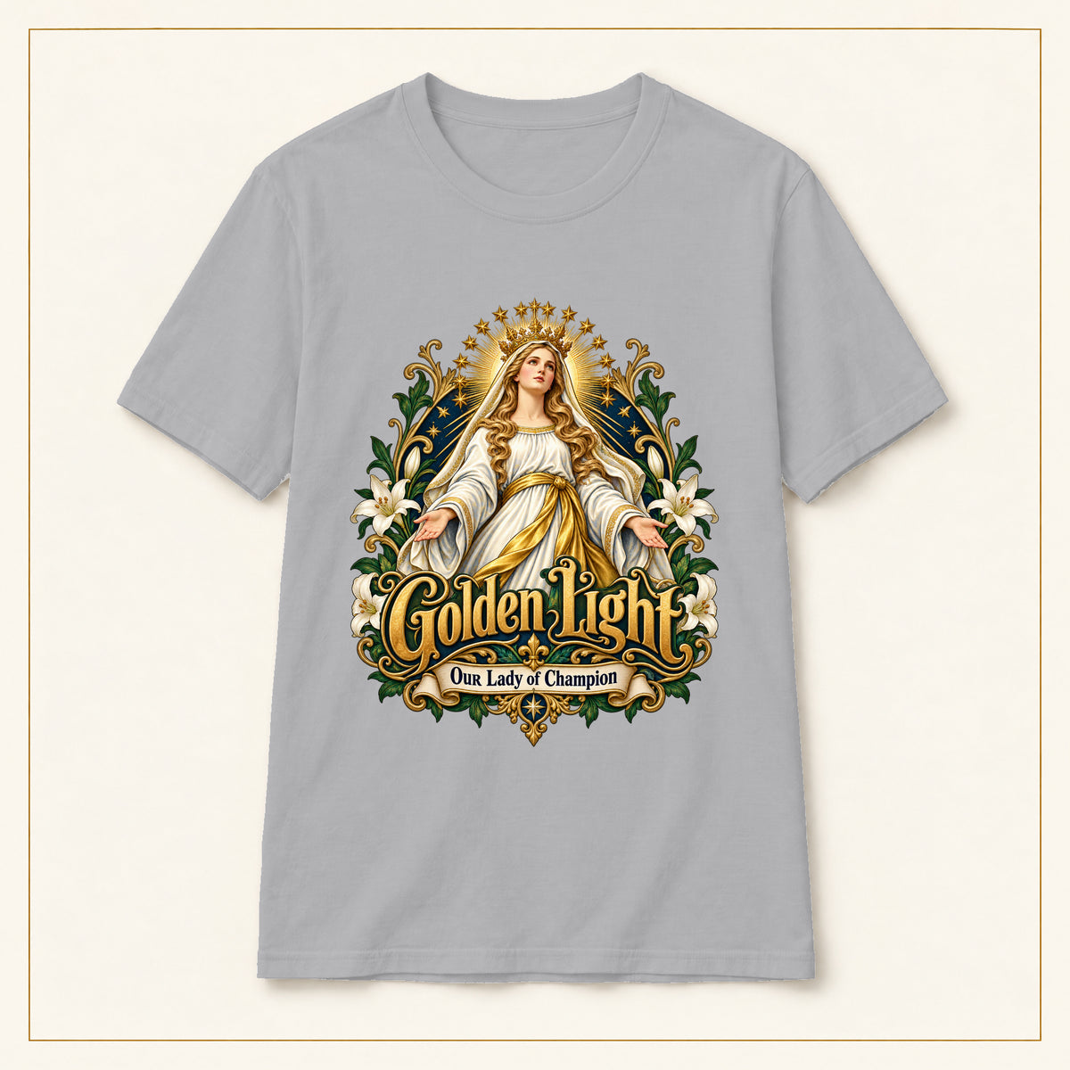 Golden Light T-Shirt — Our Lady of Champion — compact lay-flat, original print scale and placement — Sport Grey