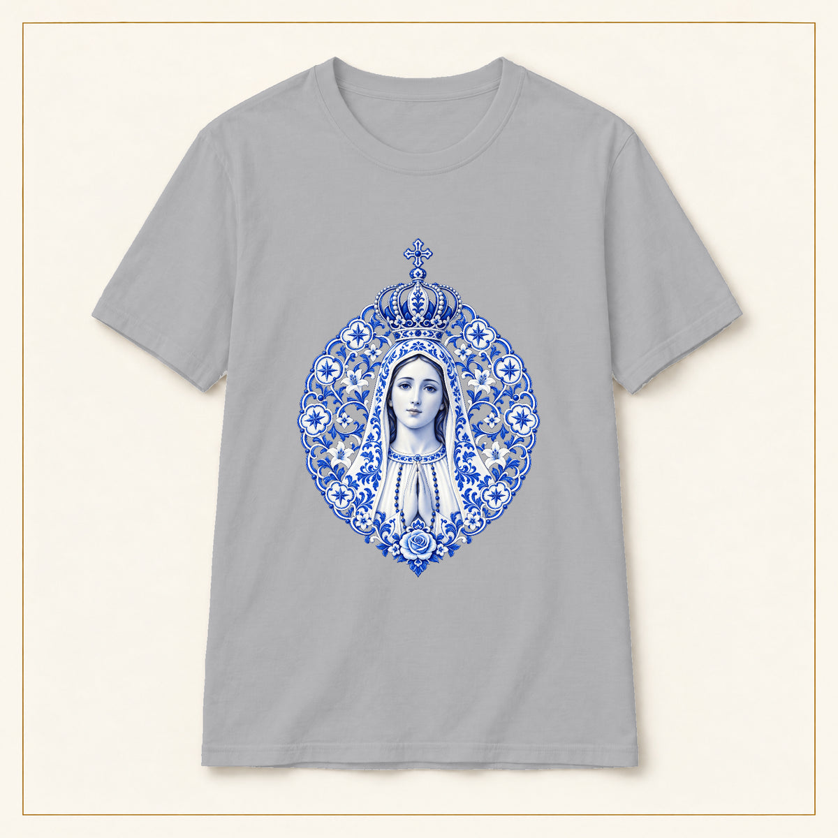 Our Lady of Fátima T-Shirt — Azulejo Mandala — compact lay-flat, original print scale and placement — Sport Grey