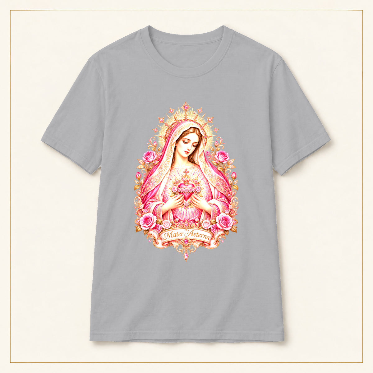 Sacred Heart Mary T-Shirt — Pink Floral — compact lay-flat, original print scale and placement — Sport Grey