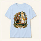 The Encounter 1859 T-Shirt — Our Lady of Champion — compact lay-flat, original print scale and placement — Light Blue