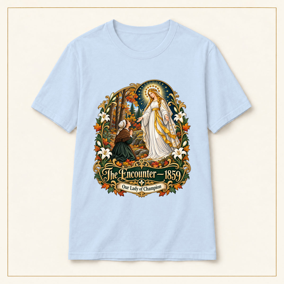 The Encounter 1859 T-Shirt — Our Lady of Champion — compact lay-flat, original print scale and placement — Light Blue