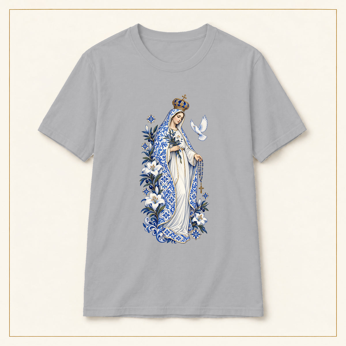 Our Lady of Fátima T-Shirt — Lily & Dove Azulejo — compact lay-flat, original print scale and placement — Sport Grey