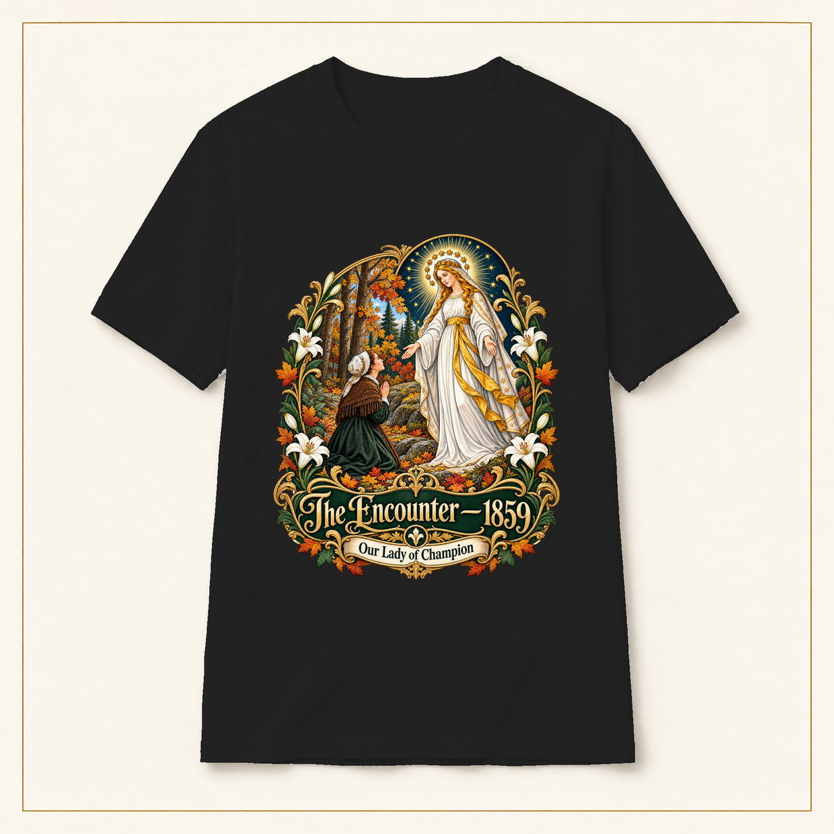 The Encounter 1859 T-Shirt — Our Lady of Champion — compact lay-flat, original print scale and placement — Black