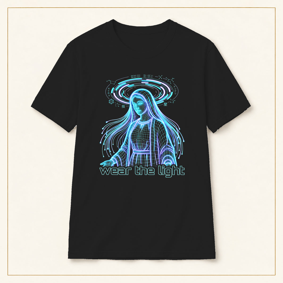 Ethereal Water Spirit T-Shirt — Blue Illustration — compact lay-flat, original print scale and placement — Black