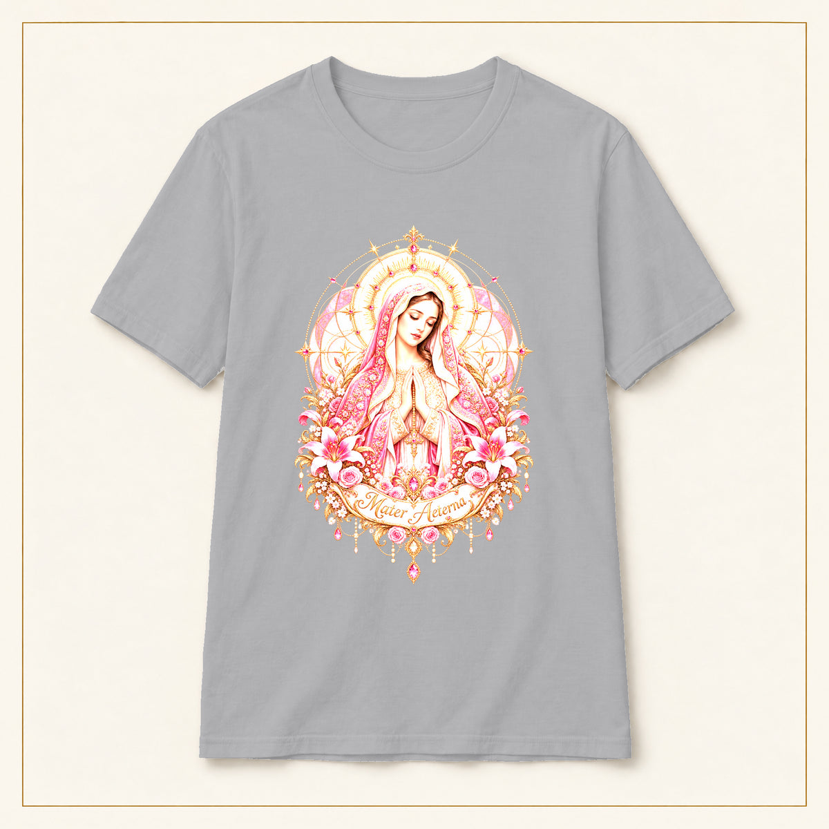 Virgin Mary T-Shirt — Pastel Floral Prayer — compact lay-flat, original print scale and placement — Sport Grey