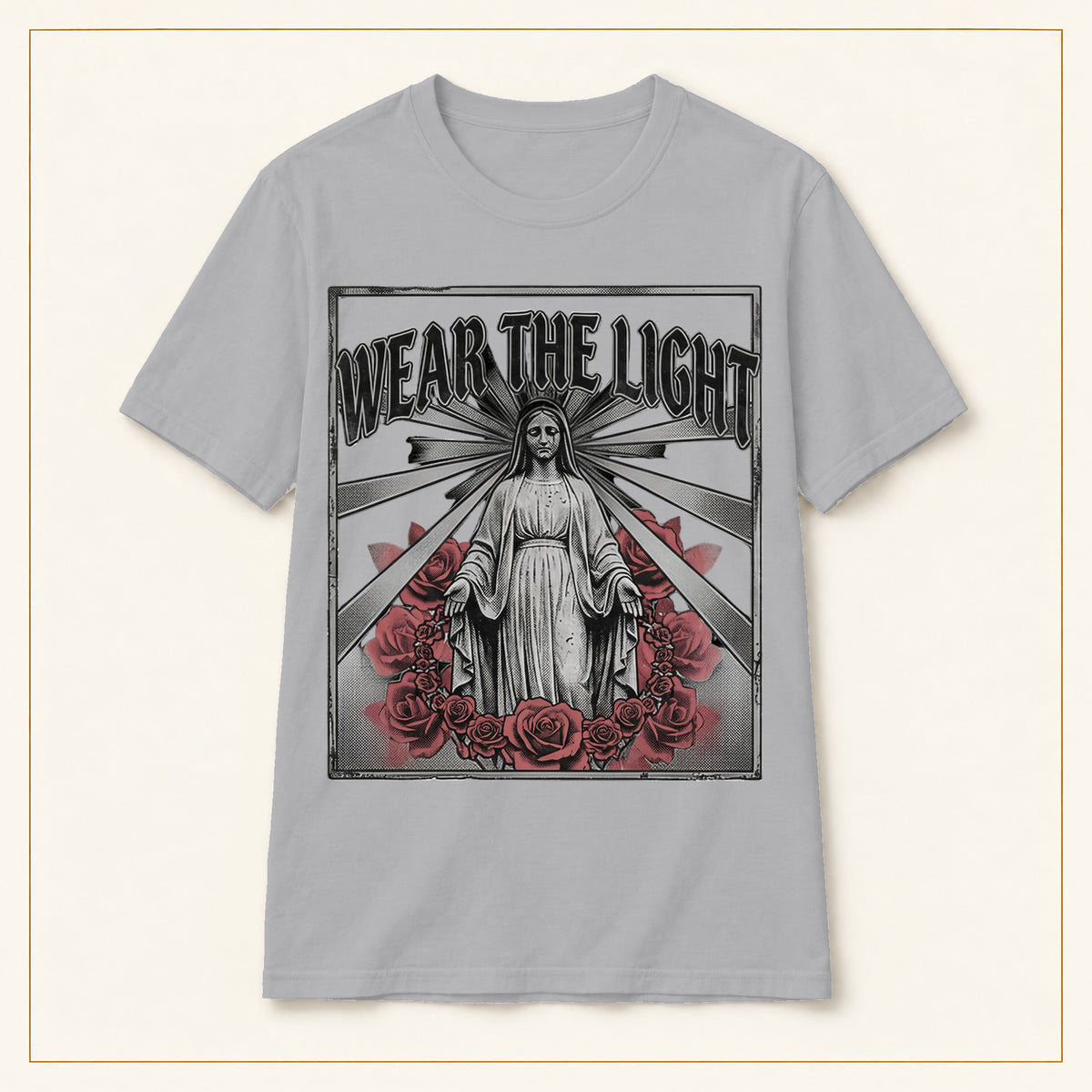 Vintage Rose T-Shirt — Wear the Light — compact lay-flat, original print scale and placement — Sport Grey