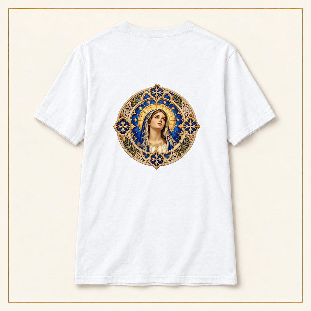 Our Lady of Ta' Pinu — Rose Window White T-Shirt — compact lay-flat, original print scale and placement — White — back view