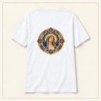Our Lady of Ta' Pinu — Rose Window White T-Shirt — compact lay-flat, original print scale and placement — White — back view