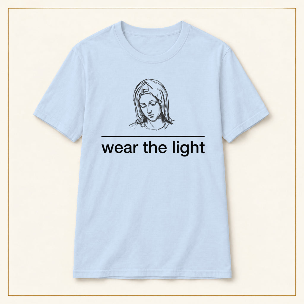 Minimal Inspirational T-Shirt — Wear the Light — compact lay-flat, original print scale and placement — Light Blue