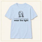 Minimal Inspirational T-Shirt — Wear the Light — compact lay-flat, original print scale and placement — Light Blue
