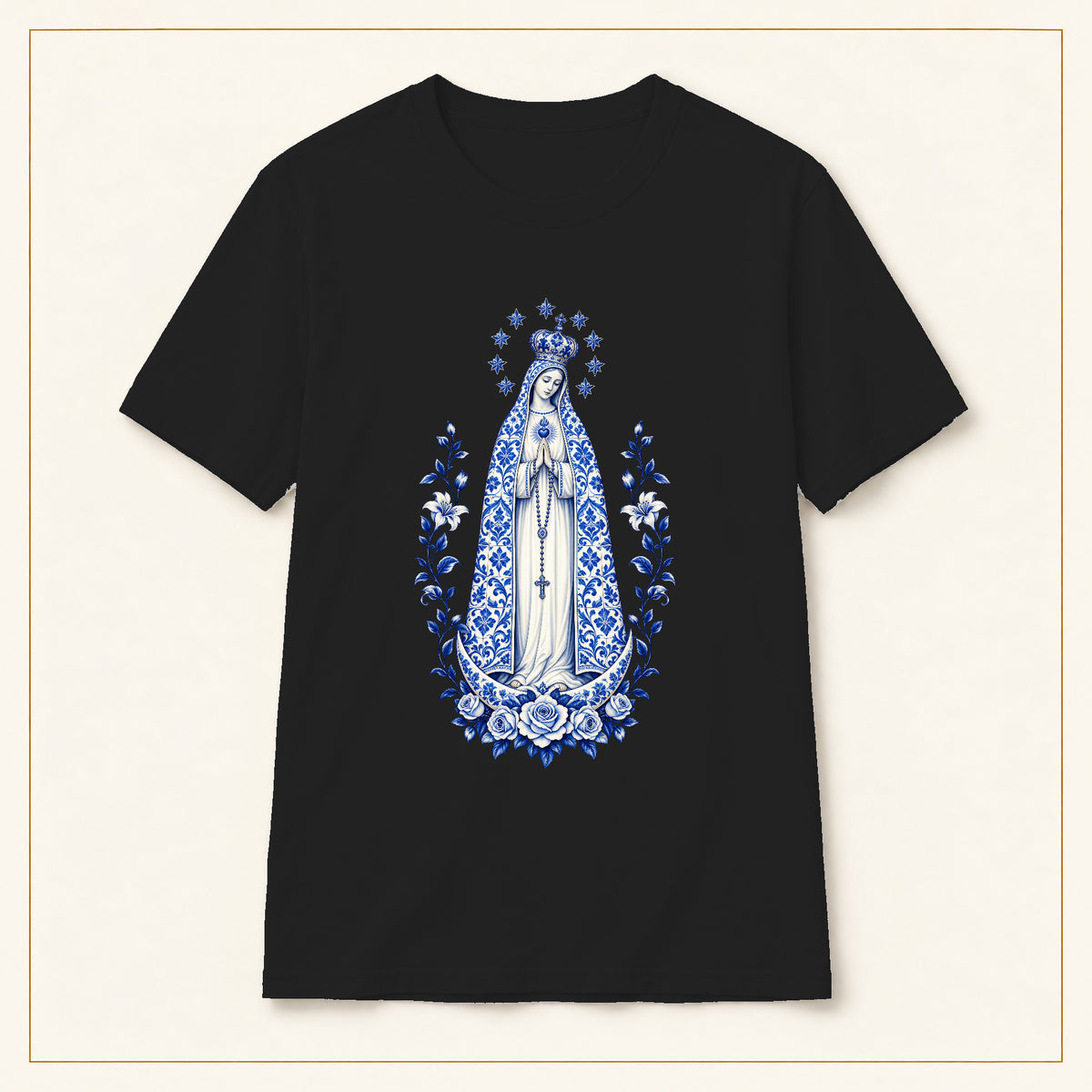 Our Lady of Fátima T-Shirt — Crowned Roses Azulejo — compact lay-flat, original print scale and placement — Black