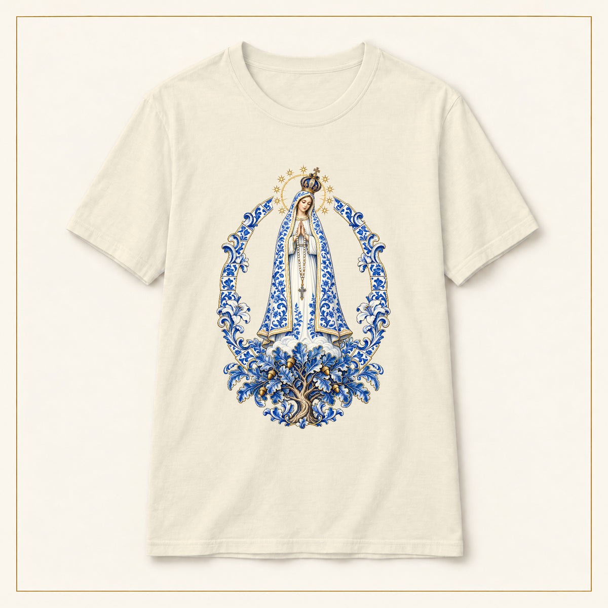 Our Lady of Fátima T-Shirt — Oak Tree Apparition Azulejo — compact lay-flat, original print scale and placement — Natural