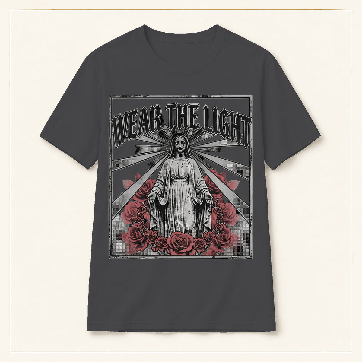 Vintage Rose T-Shirt — Wear the Light — compact lay-flat, original print scale and placement — Dark Heather
