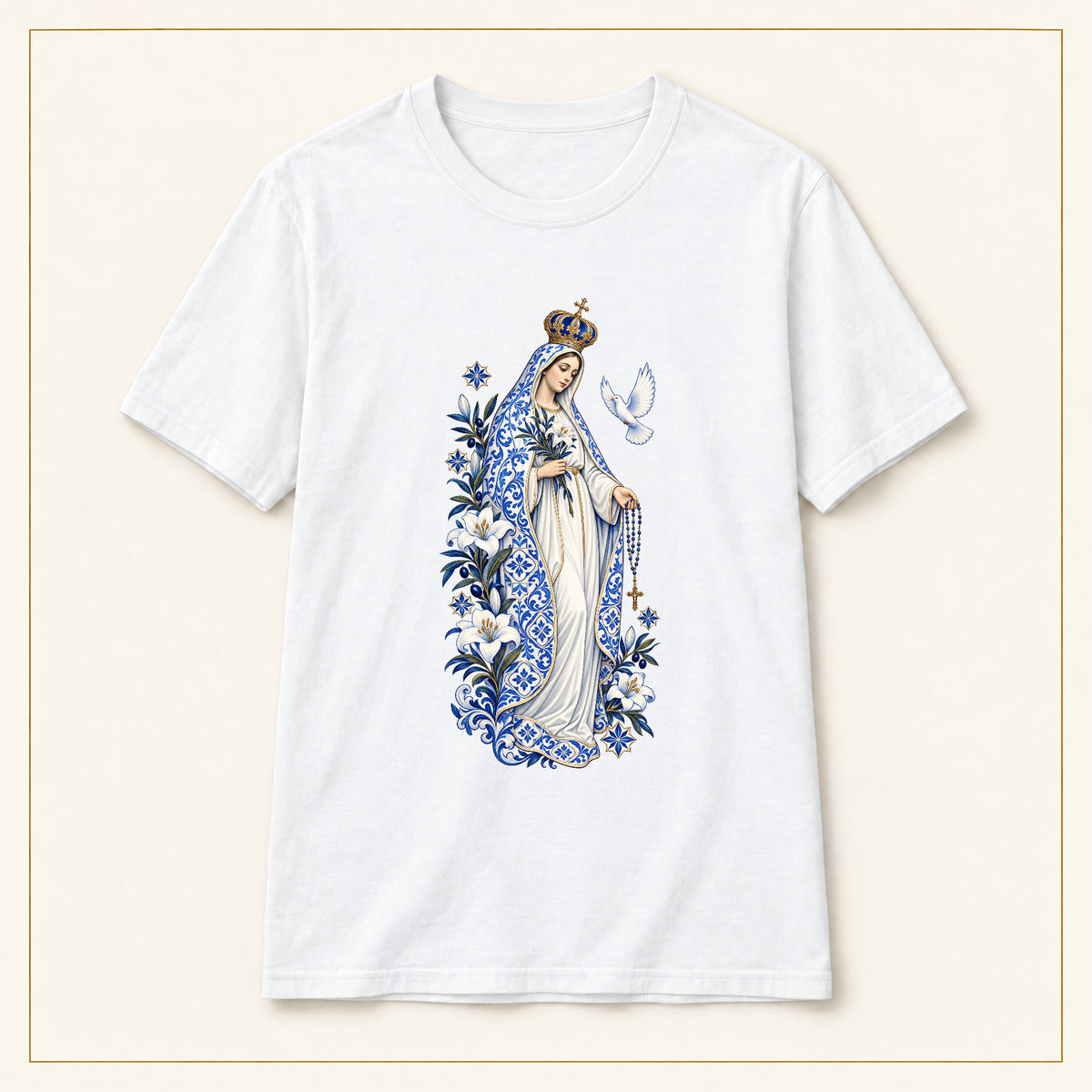 Our Lady of Fátima T-Shirt — Lily & Dove Azulejo — compact lay-flat, original print scale and placement — White