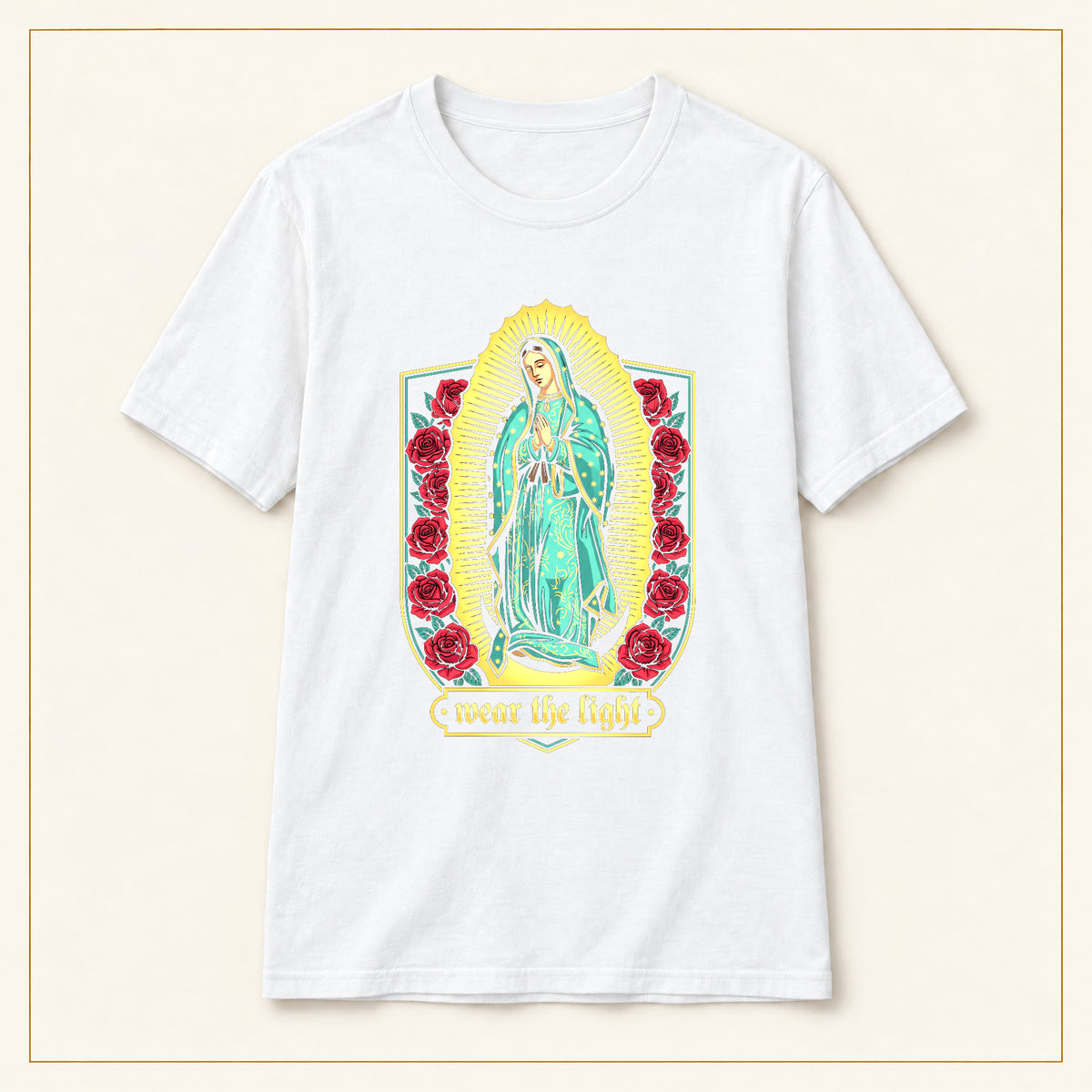 Our Lady of Guadalupe T-Shirt — Floral Devotional — compact lay-flat, original print scale and placement — White