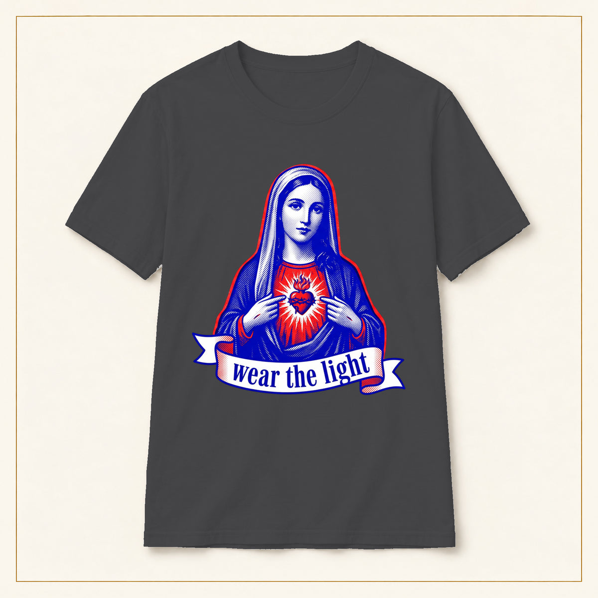 Sacred Heart Mary T-Shirt — Wear the Light — compact lay-flat, original print scale and placement — Dark Heather