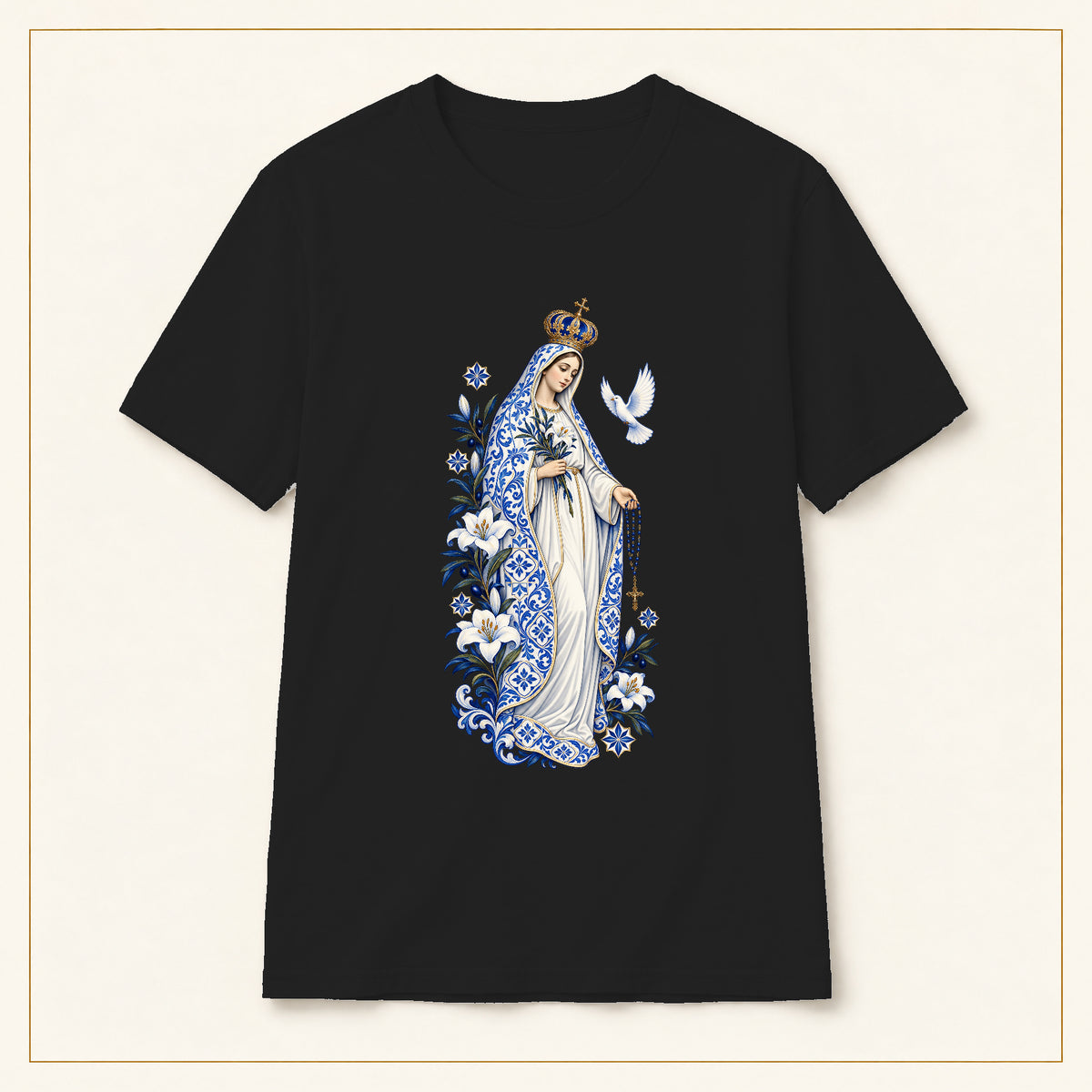 Our Lady of Fátima T-Shirt — Lily & Dove Azulejo — compact lay-flat, original print scale and placement — Black