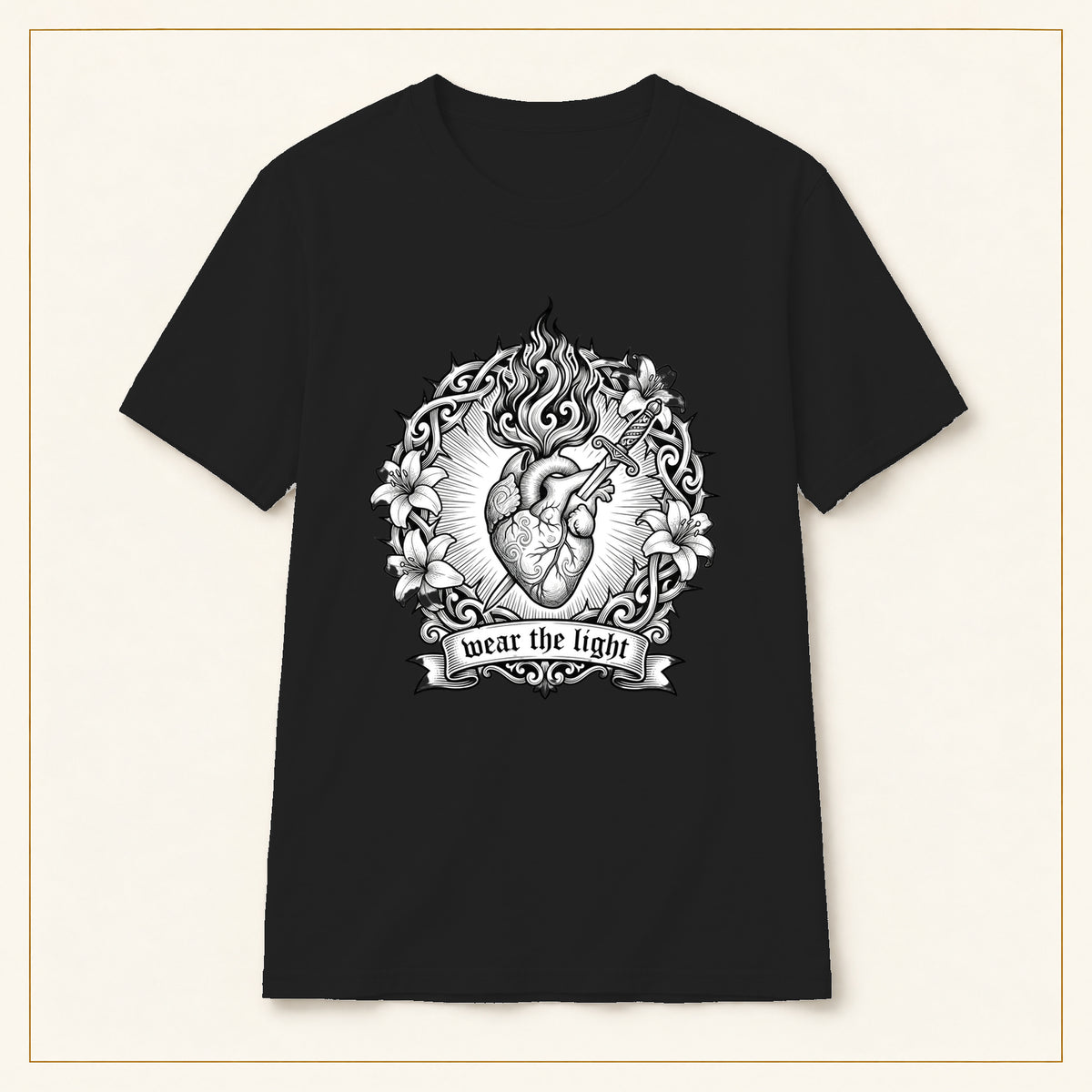 Sacred Heart T-Shirt — Monochrome Floral Flame — compact lay-flat, original print scale and placement — Black