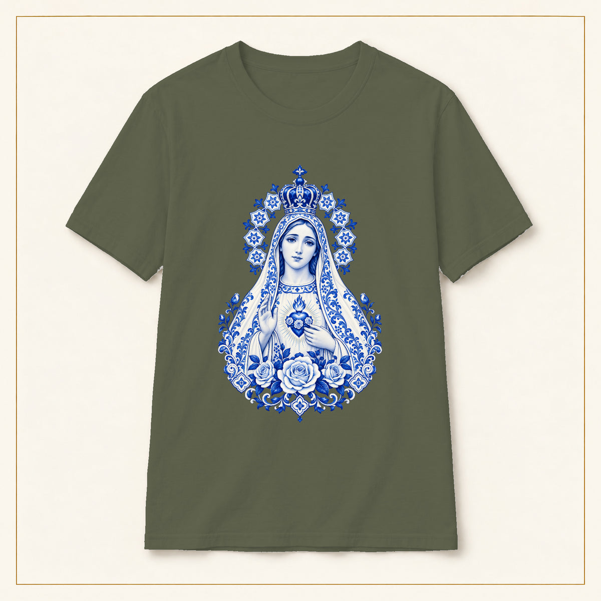 Our Lady of Fátima T-Shirt — Immaculate Heart Azulejo — compact lay-flat, original print scale and placement — Military Green