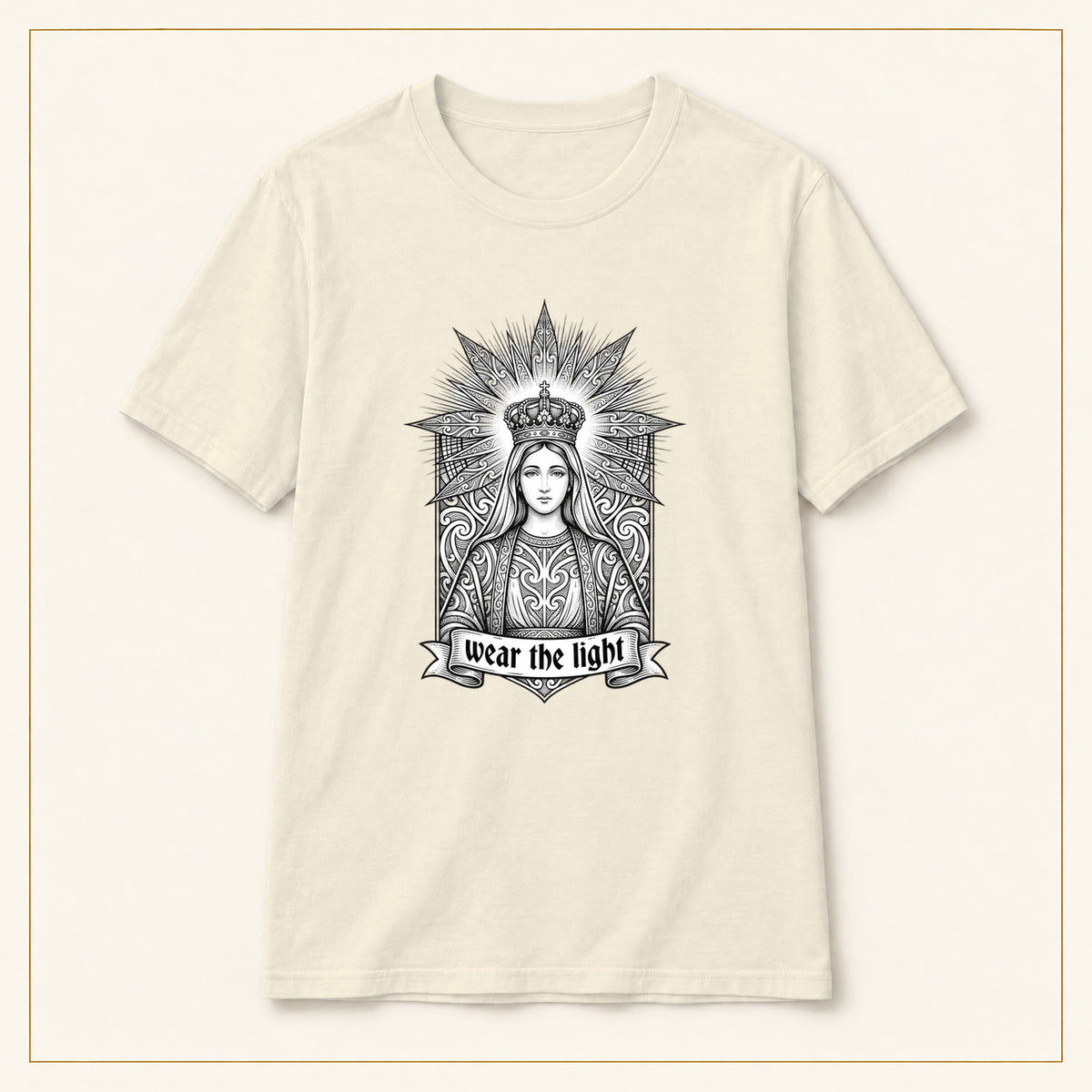Sacred Woman T-Shirt — Monochrome Sunburst — compact lay-flat, original print scale and placement — Natural