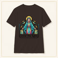 Stained Glass Virgin Mary T-Shirt — Wear the Light — compact lay-flat, original print scale and placement — Dark Chocolate