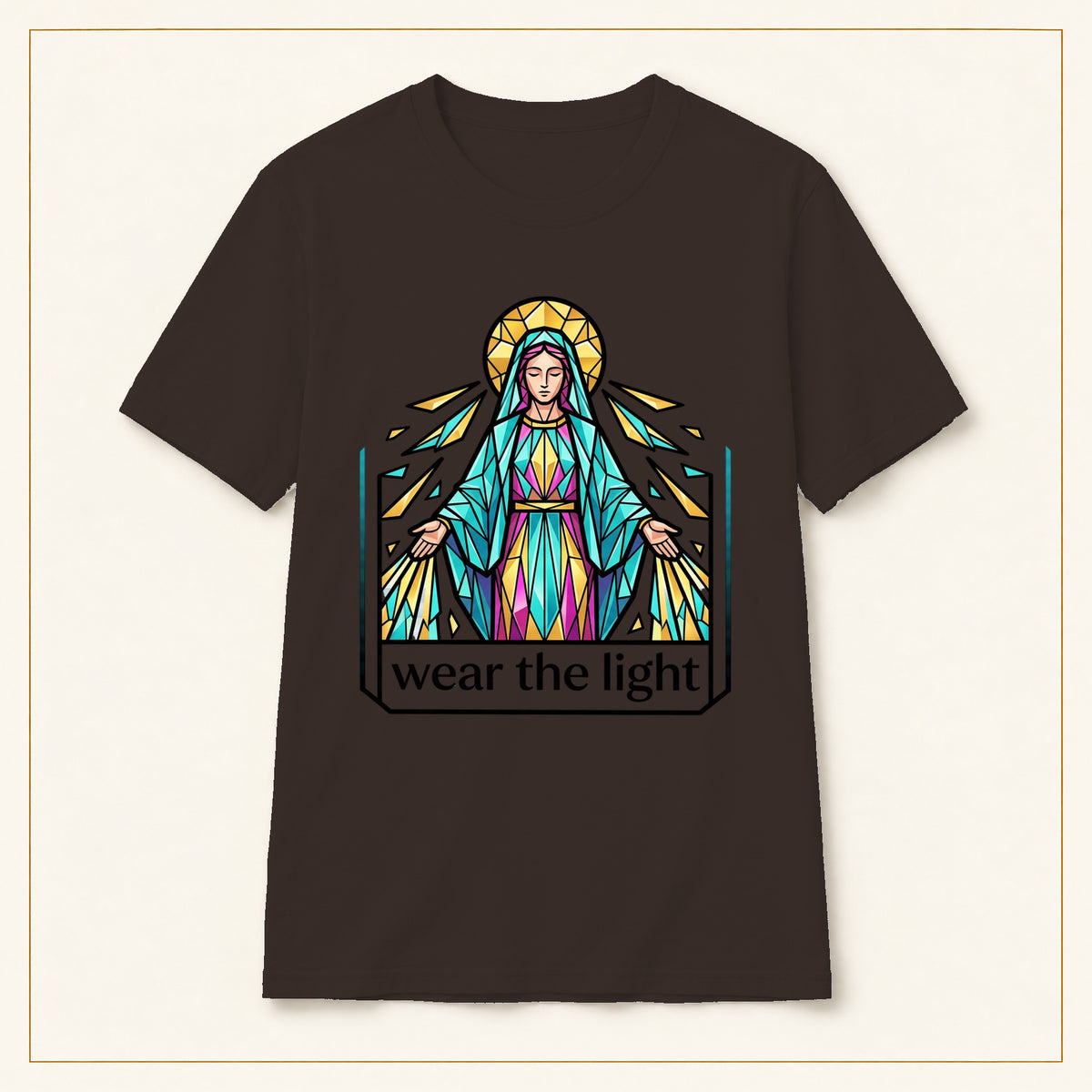 Stained Glass Virgin Mary T-Shirt — Wear the Light — compact lay-flat, original print scale and placement — Dark Chocolate