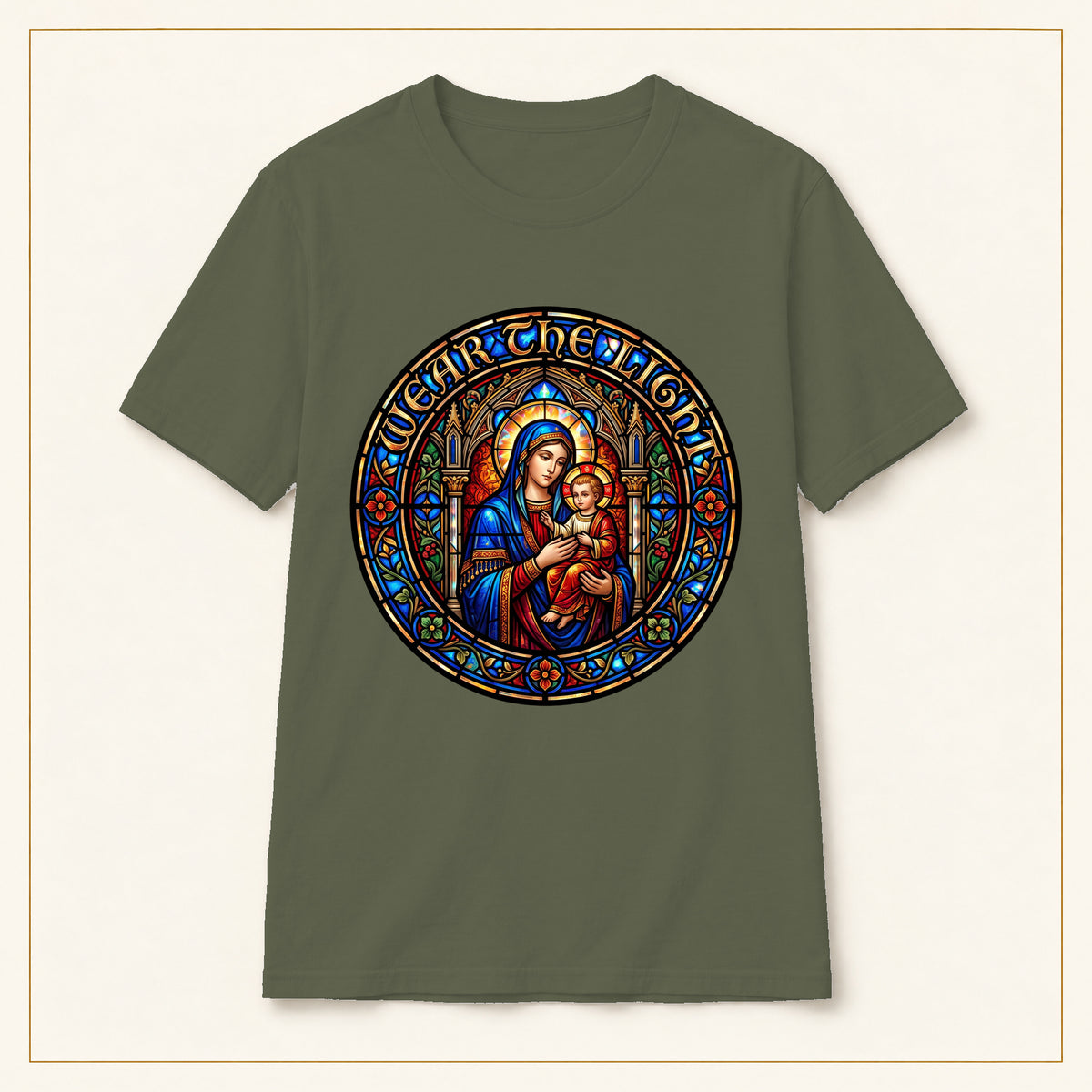 Madonna & Child T-Shirt — Stained Glass — compact lay-flat, original print scale and placement — Military Green