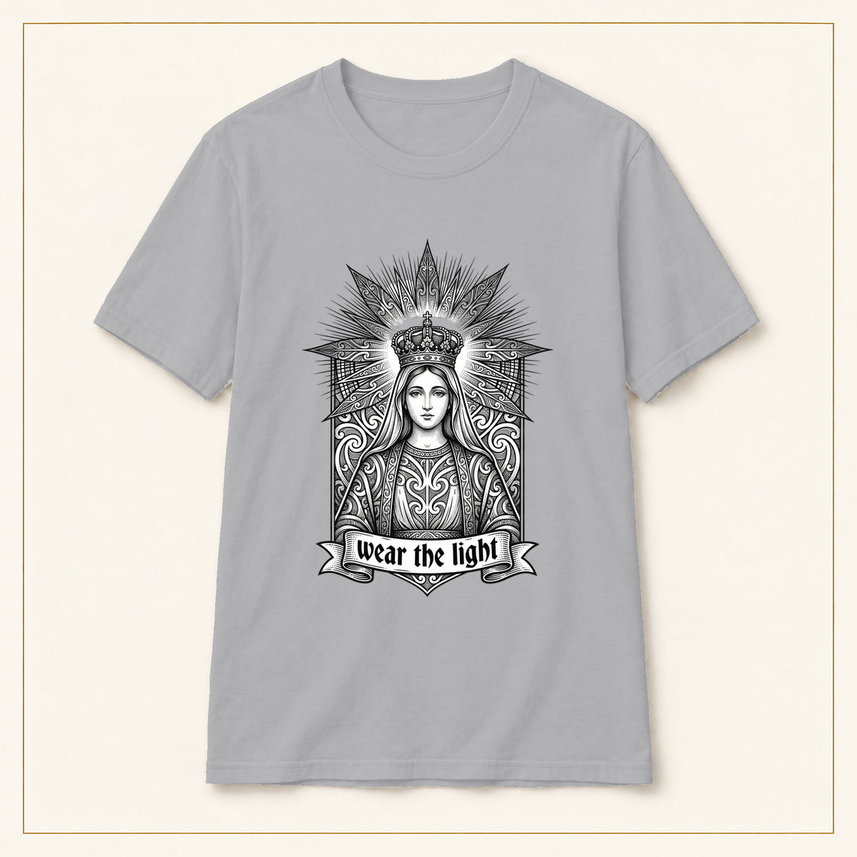 Crowned Woman T-Shirt — Monochrome Sunburst — compact lay-flat, original print scale and placement — Sport Grey