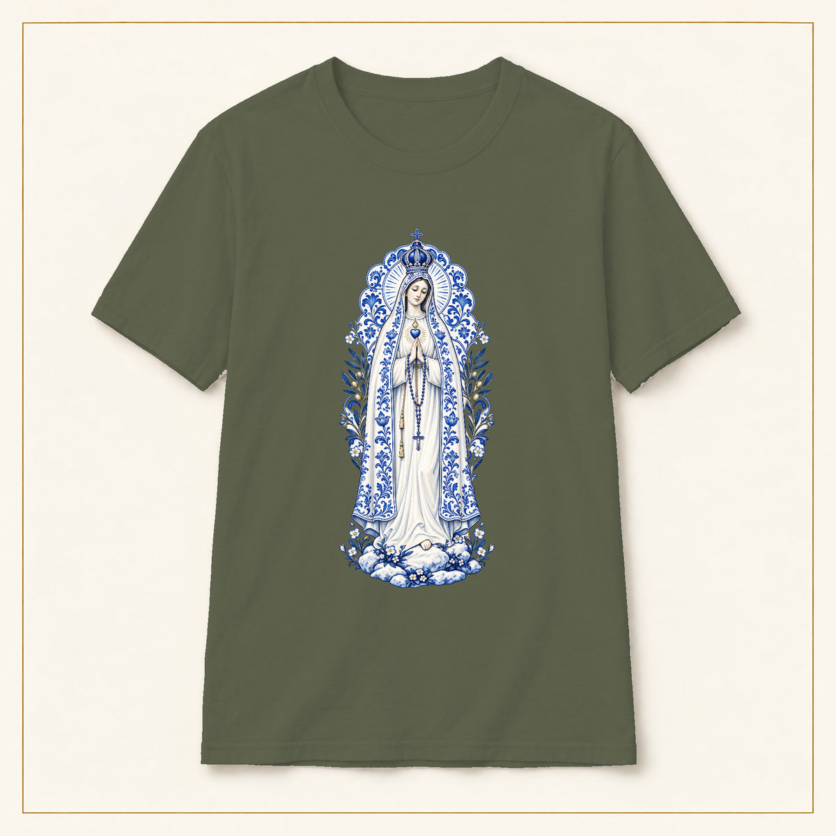 Our Lady of Fátima T-Shirt — Cova da Iria Azulejo — compact lay-flat, original print scale and placement — Military Green