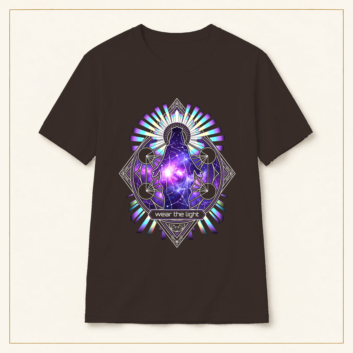 Cosmic Geometry T-Shirt — Wear the Light — compact lay-flat, original print scale and placement — Dark Chocolate
