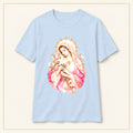 Virgin Mary T-Shirt — Floral Halo — compact lay-flat, original print scale and placement — Light Blue