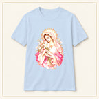 Virgin Mary T-Shirt — Floral Halo — compact lay-flat, original print scale and placement — Light Blue