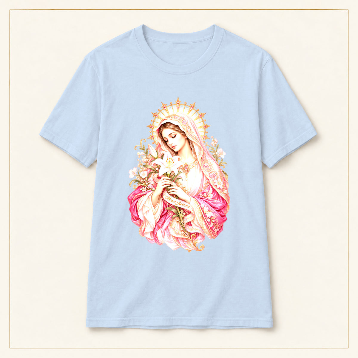 Virgin Mary T-Shirt — Floral Halo — compact lay-flat, original print scale and placement — Light Blue