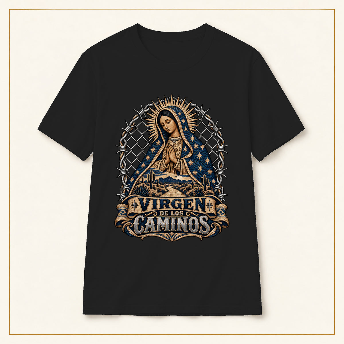 Virgen de los Caminos T-Shirt – Religious Marian Devotion Tee — compact lay-flat, original print scale and placement — Black