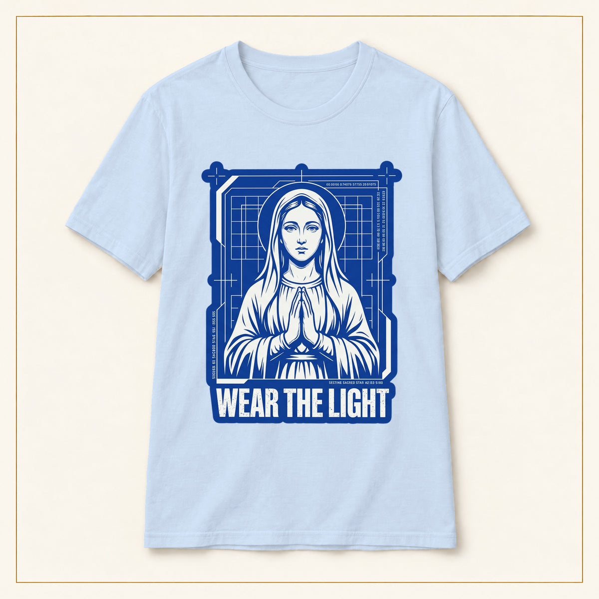 Retro Sacred Madonna T-Shirt — Wear the Light — compact lay-flat, original print scale and placement — Light Blue