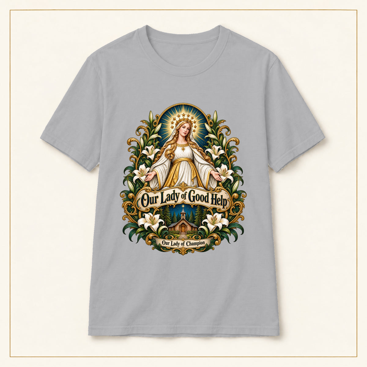 Our Lady of Good Help T-Shirt — Champion Medallion — compact lay-flat, original print scale and placement — Sport Grey