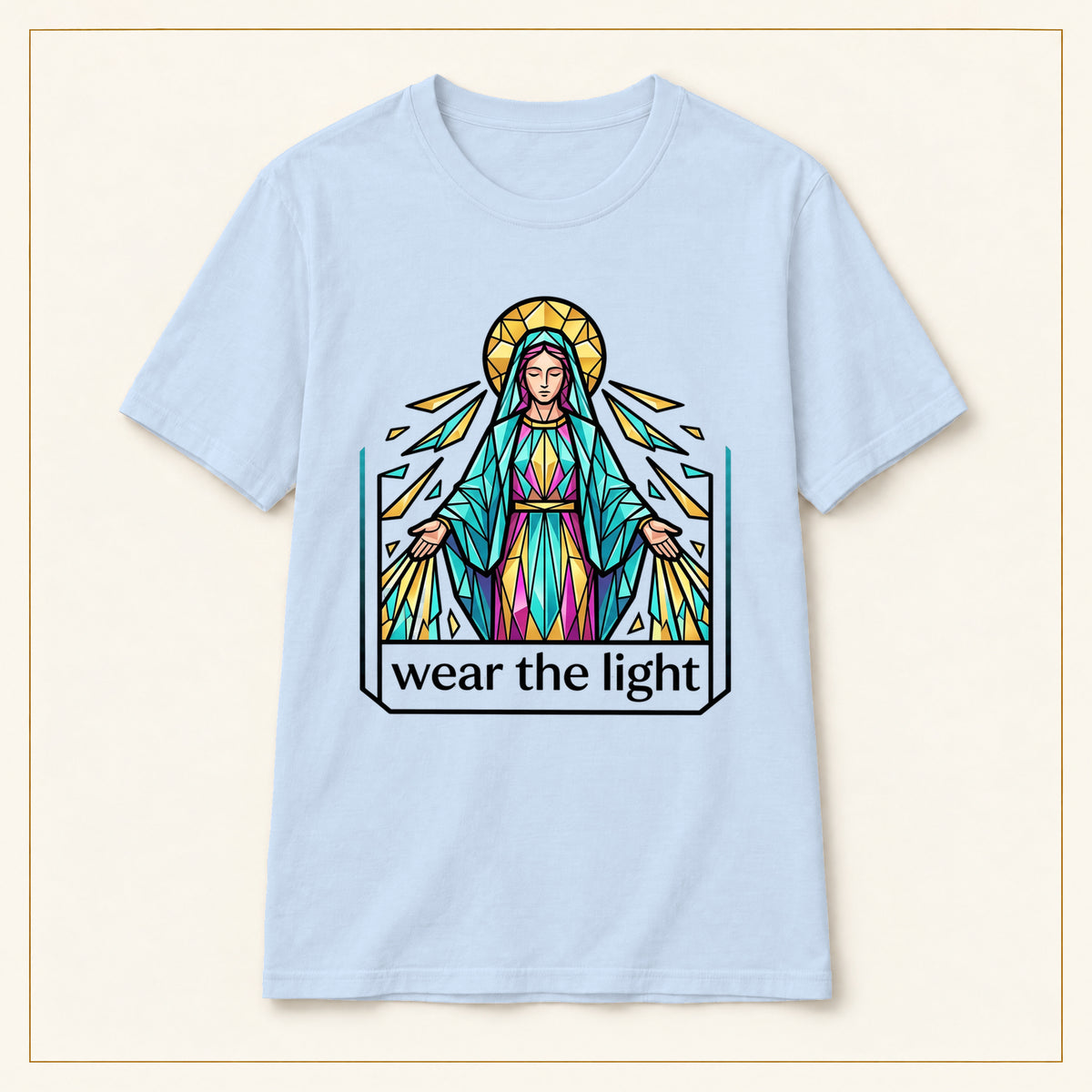 Stained Glass Virgin Mary T-Shirt — Wear the Light — compact lay-flat, original print scale and placement — Light Blue