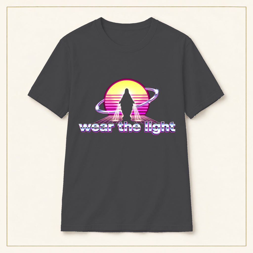 Retro Sunset Sci-Fi T-Shirt — Wear the Light — compact lay-flat, original print scale and placement — Dark Heather