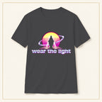 Retro Sunset Sci-Fi T-Shirt — Wear the Light — compact lay-flat, original print scale and placement — Dark Heather