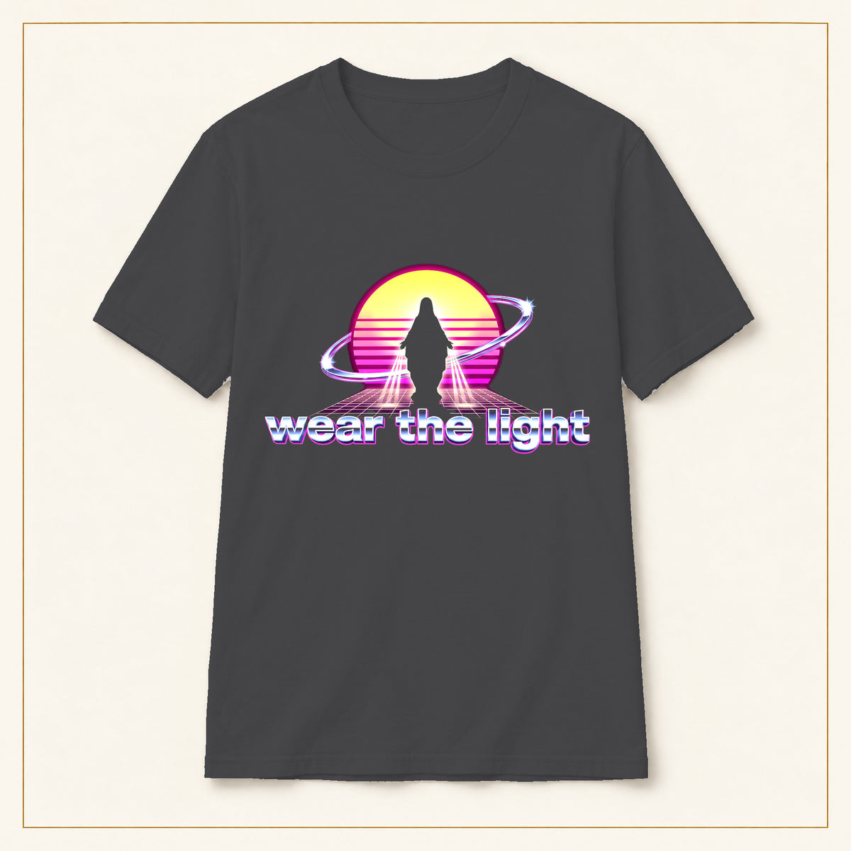 Retro Sunset Sci-Fi T-Shirt — Wear the Light — compact lay-flat, original print scale and placement — Dark Heather