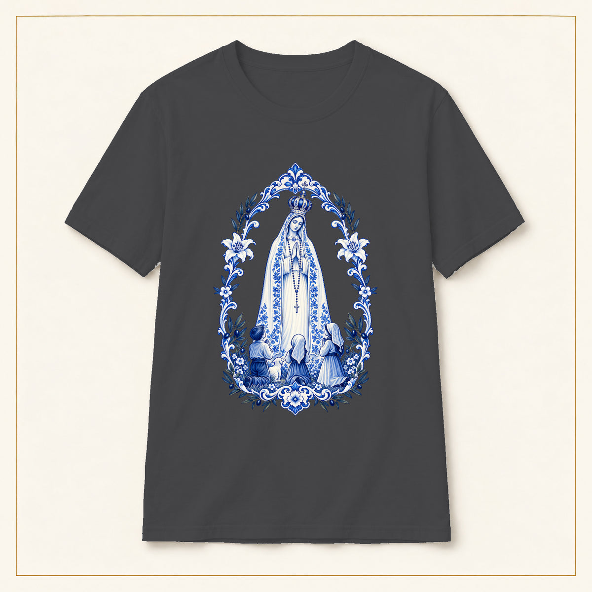 Our Lady of Fátima T-Shirt — Shepherd Children Azulejo — compact lay-flat, original print scale and placement — Dark Heather