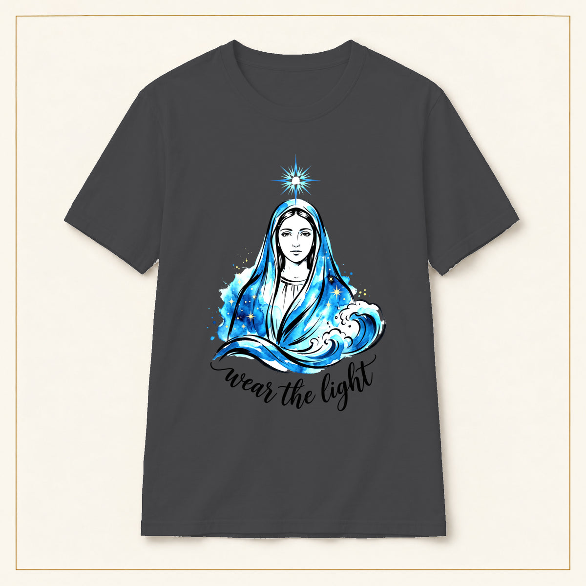 Virgin Mary Illustration T-Shirt — Wear the Light — compact lay-flat, original print scale and placement — Dark Heather