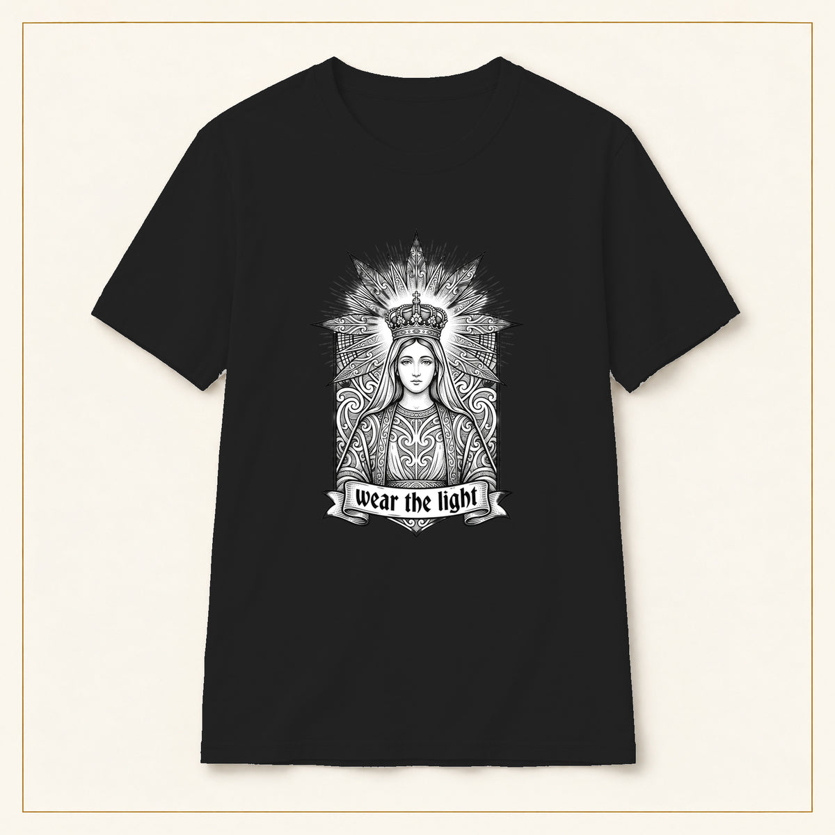 Sacred Woman T-Shirt — Monochrome Sunburst — compact lay-flat, original print scale and placement — Black