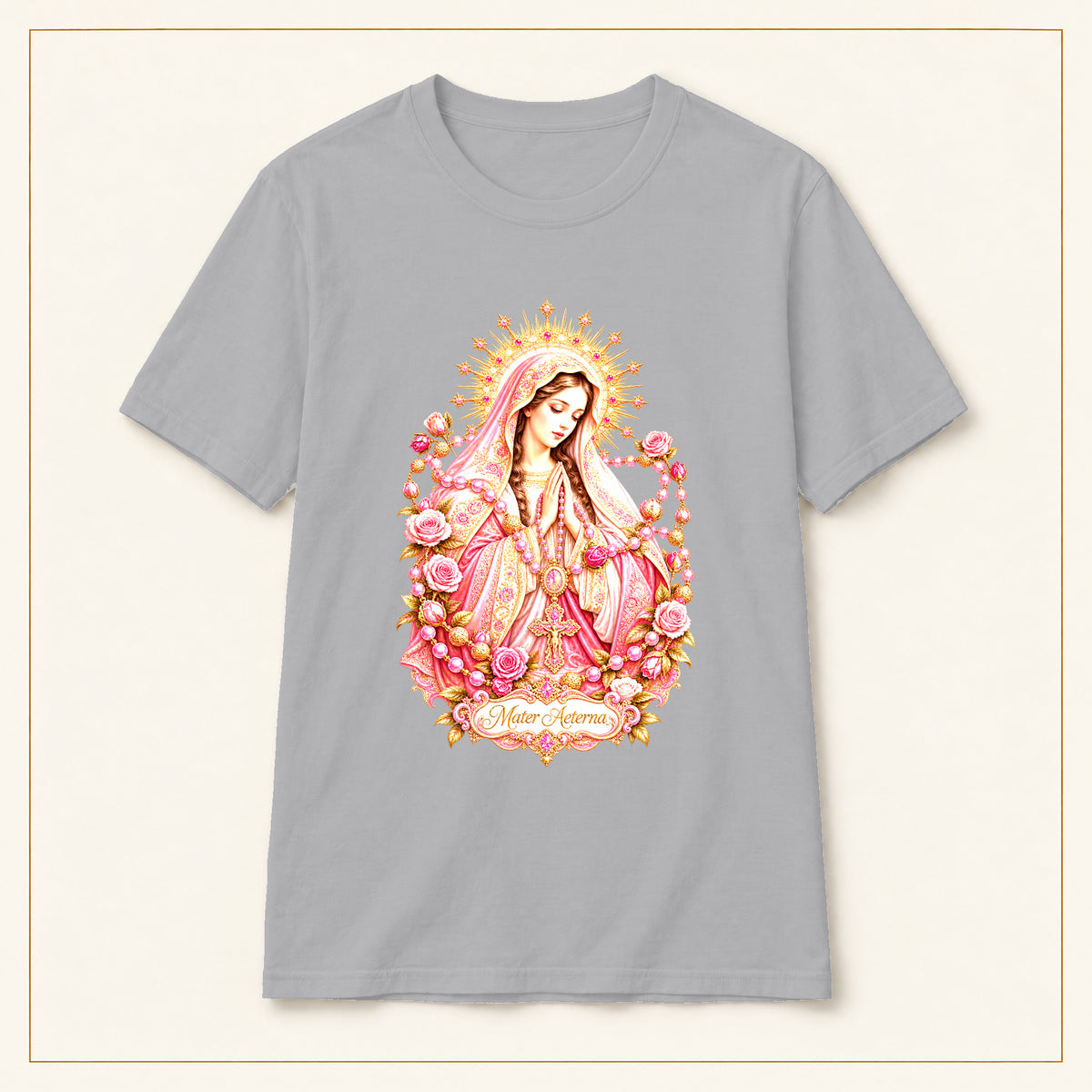 Our Lady of Guadalupe T-Shirt — Vintage Rose — compact lay-flat, original print scale and placement — Sport Grey