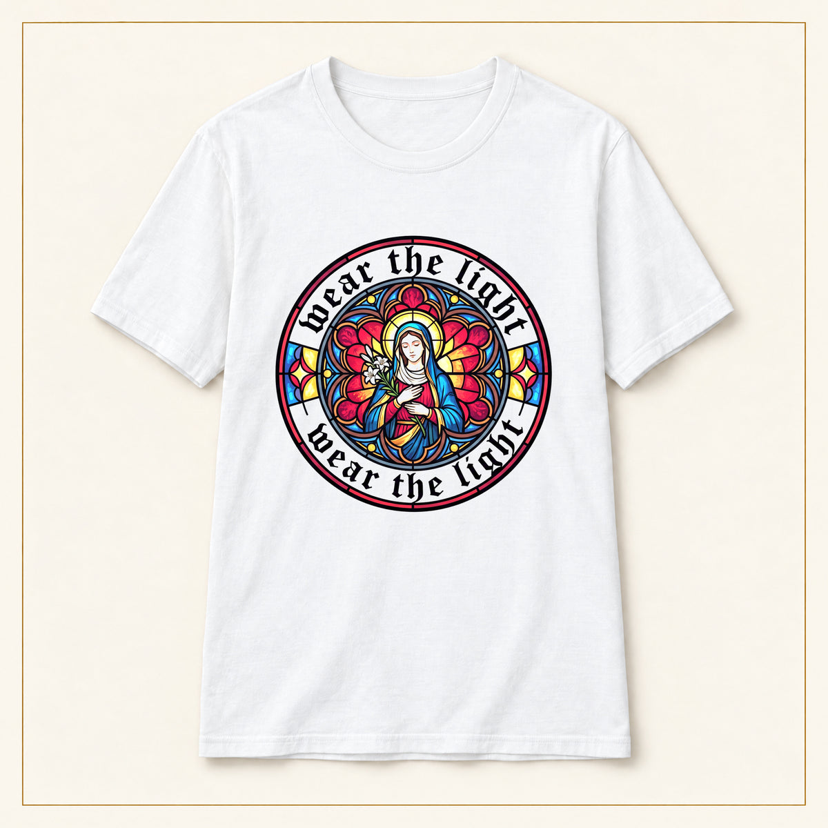 Madonna T-Shirt — Stained Glass Emblem — compact lay-flat, original print scale and placement — White