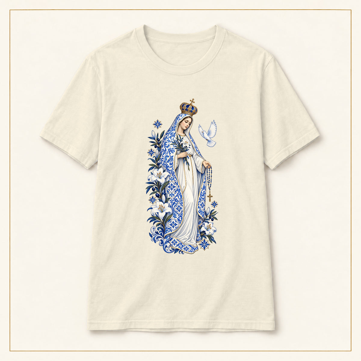 Our Lady of Fátima T-Shirt — Lily & Dove Azulejo — compact lay-flat, original print scale and placement — Natural