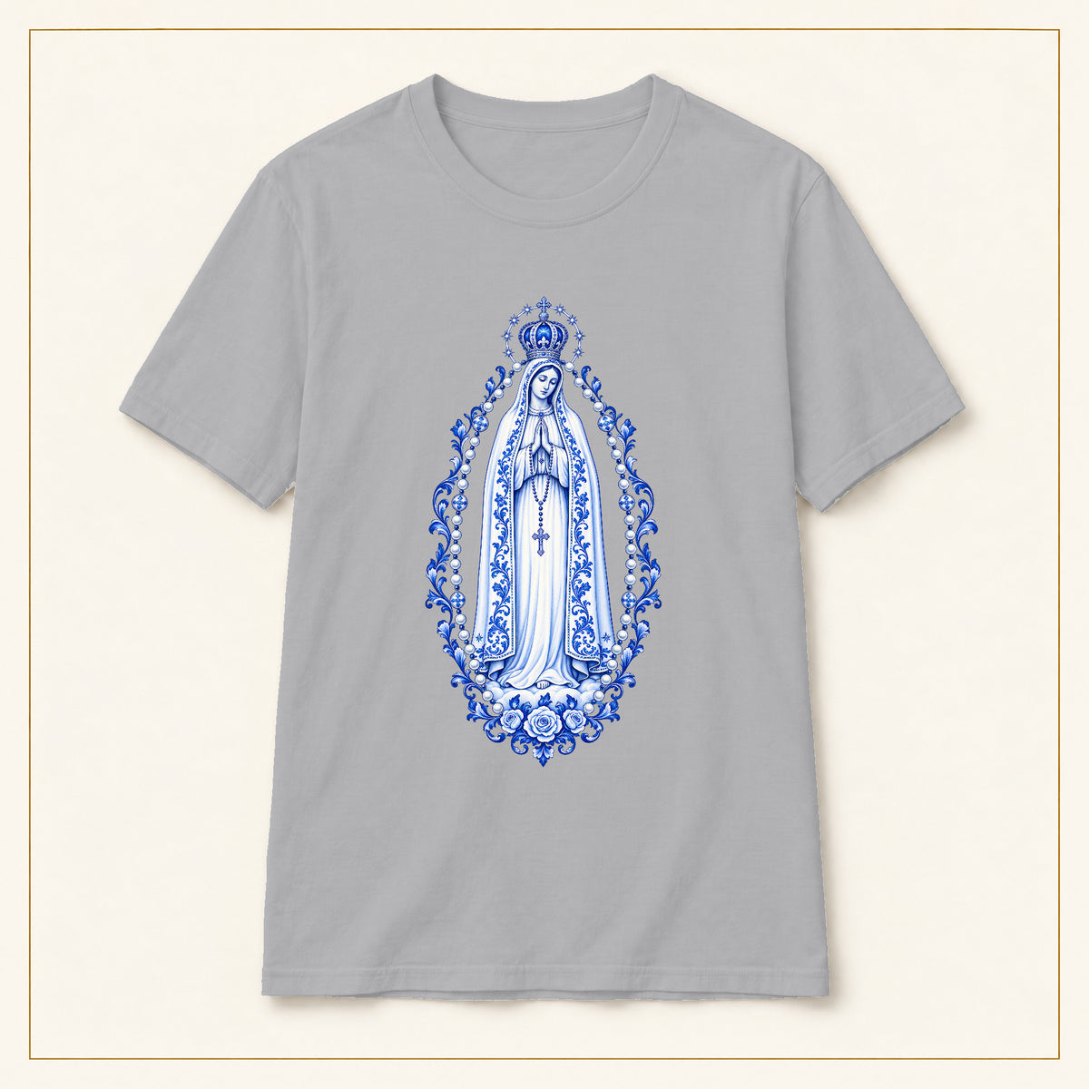 Our Lady of Fátima T-Shirt — Rosary Mandorla Azulejo — compact lay-flat, original print scale and placement — Sport Grey