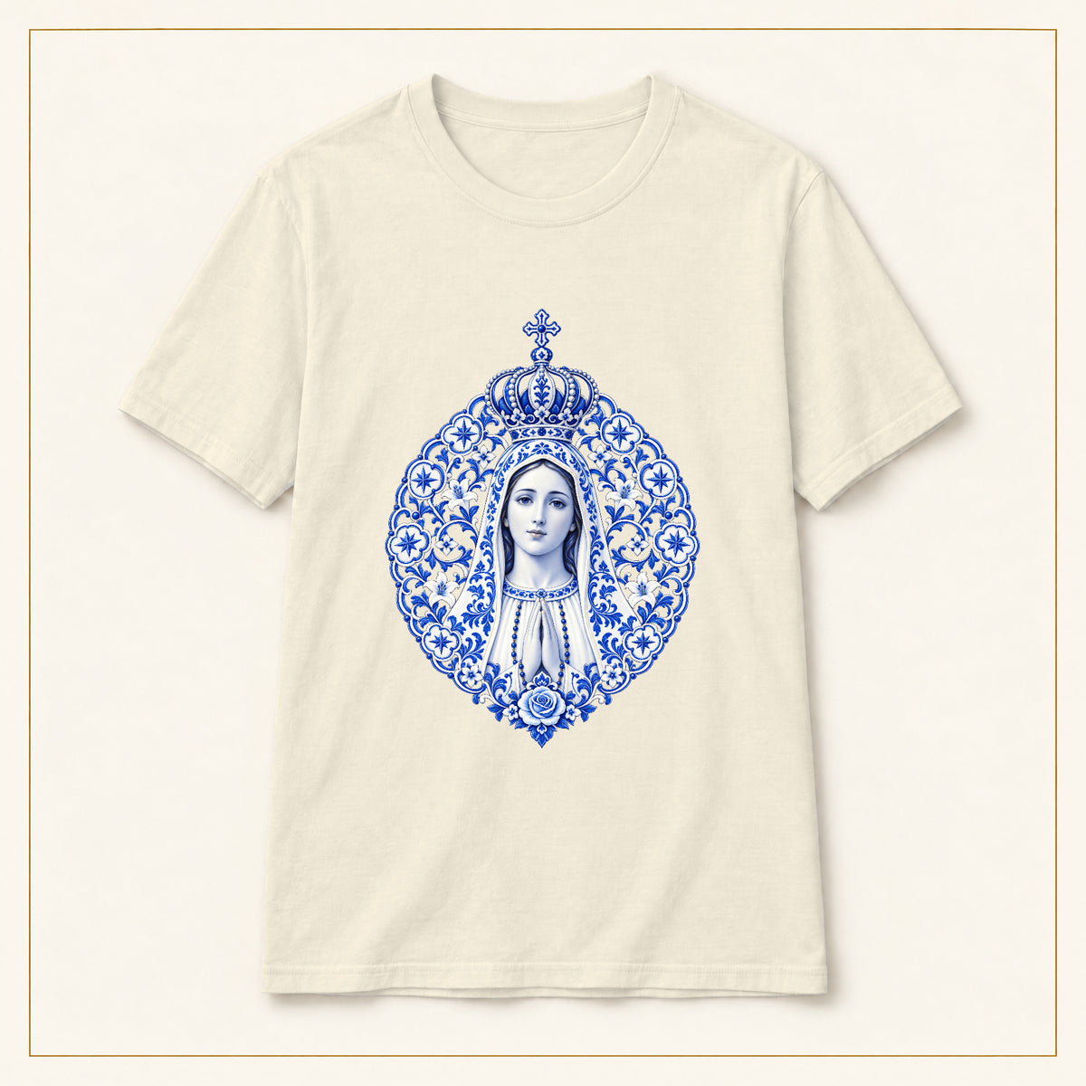 Our Lady of Fátima T-Shirt — Azulejo Mandala — compact lay-flat, original print scale and placement — Natural