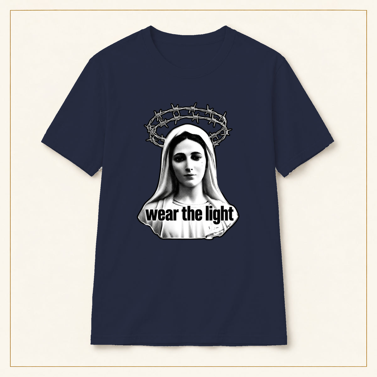 Madonna T-Shirt — Monochrome Crown of Thorns — compact lay-flat, original print scale and placement — Navy